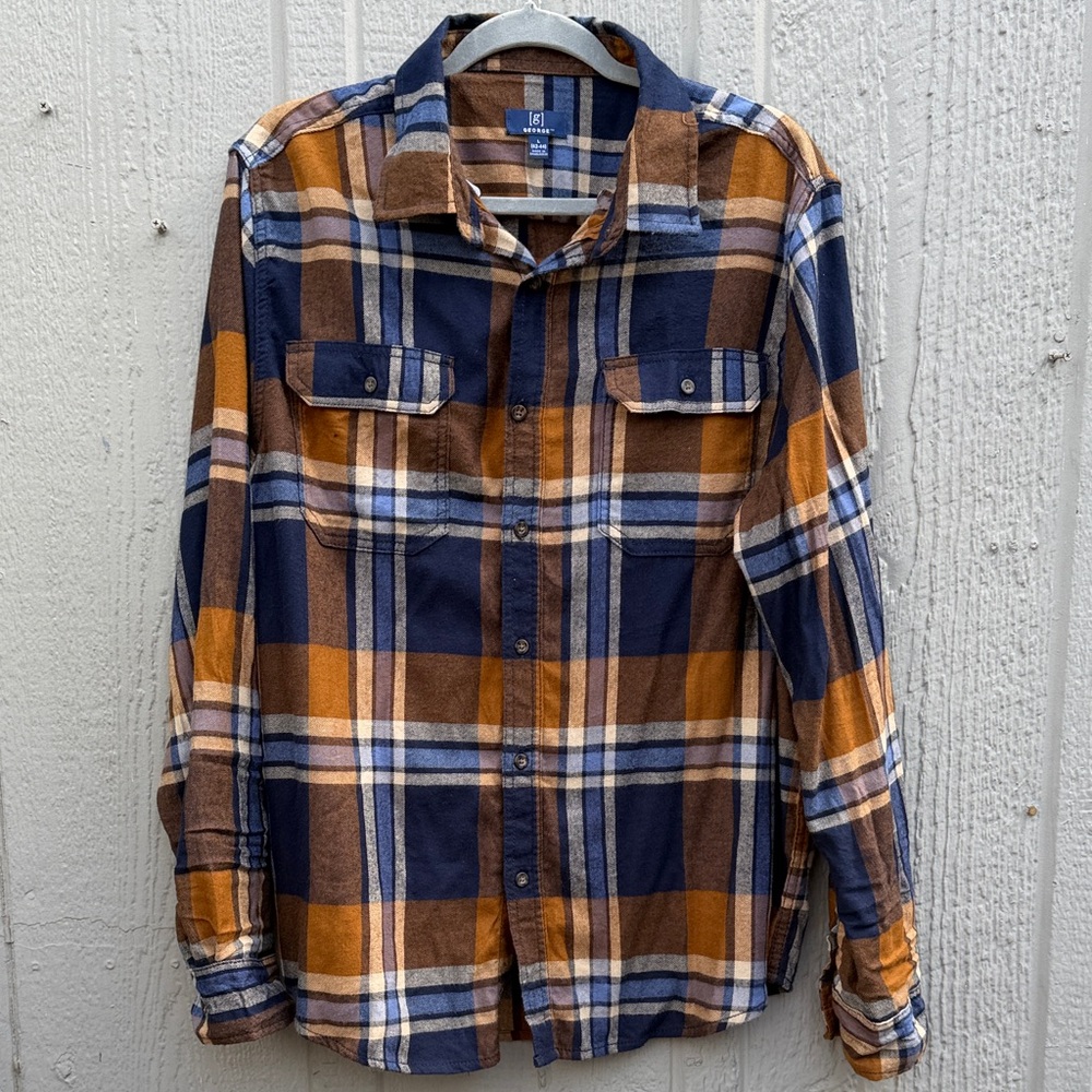George Plaid Button-Up Shirt in Blue and Brown Size: L